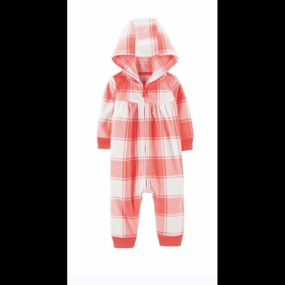 Carter’s Baby 24M Plaid Hooded Zip-Up Fleece Footless Warm Heart on Bum Cute!